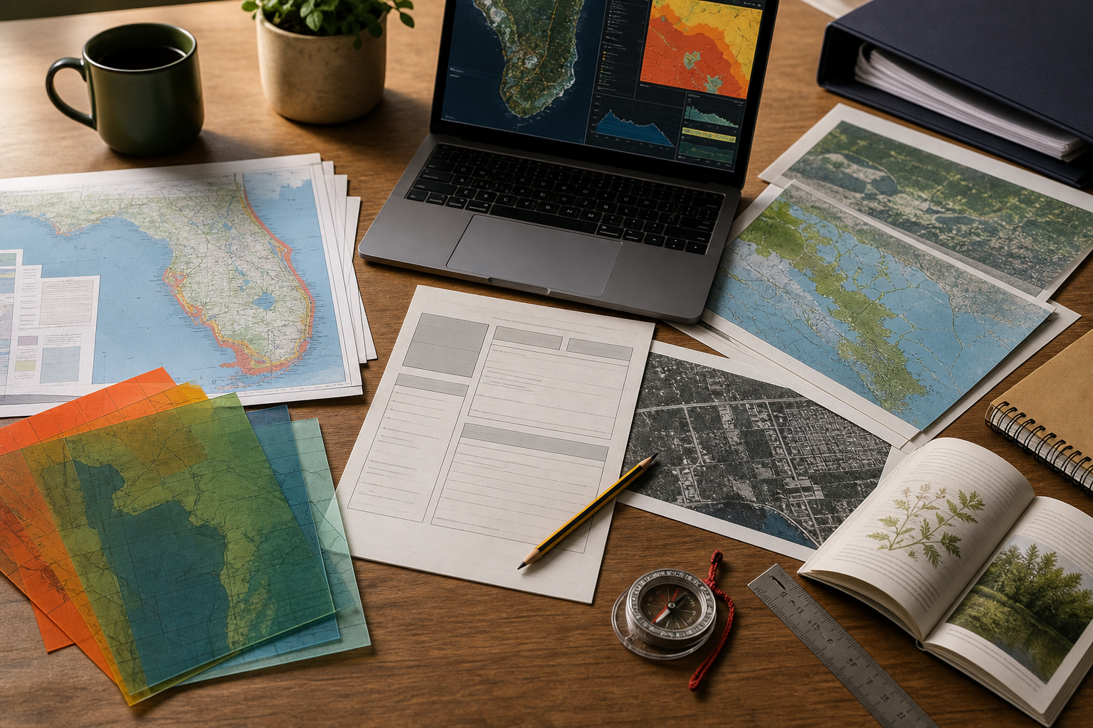 Emergency planning desk with GIS map printouts, source audit pages, overlays, and review tools