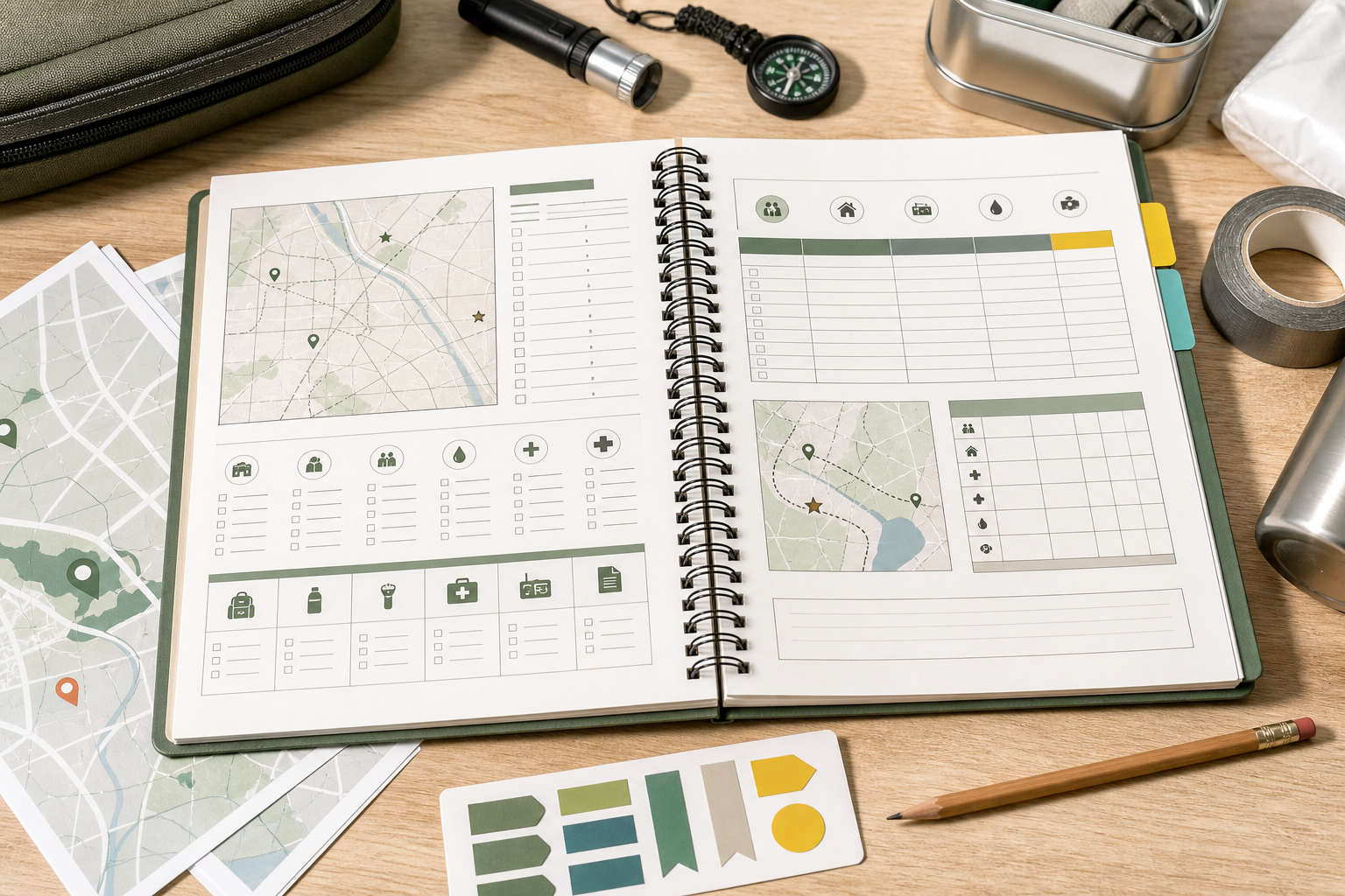 Open spiral-bound preparedness guide with maps, checklists, worksheets, flashlight, and planning materials