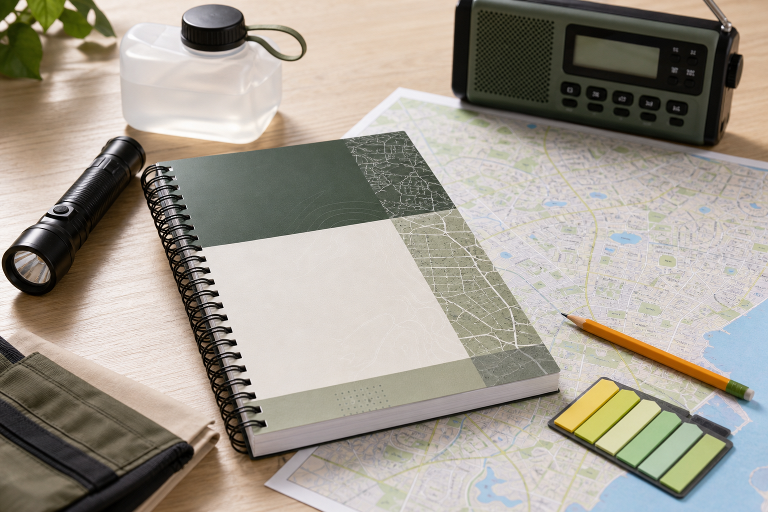 Spiral-bound preparedness guide beside a Florida map and emergency supplies
